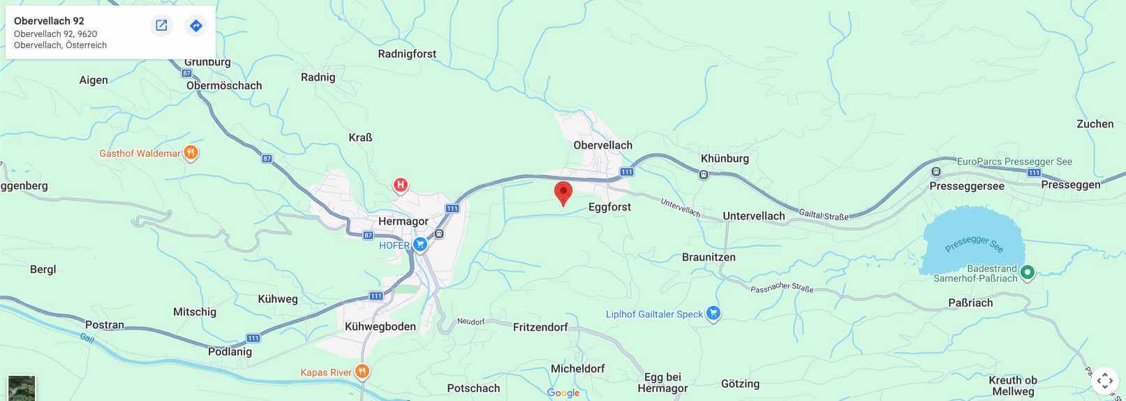 Google-Maps-Kartenausschnitt mit dem Standort der Zerza Gastechnik-Zentrale in Obervellach bei Hermagor, Kärnten.