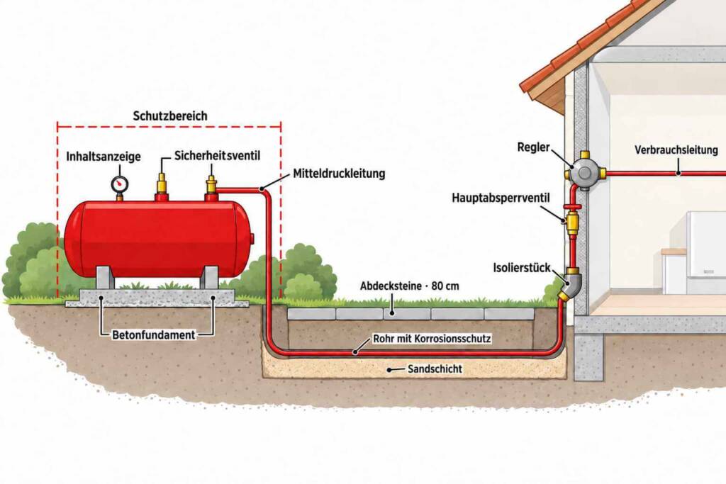 Schema einer oberirdischen Flüssiggas-Tankanlage: roter Tank auf Betonfundament mit Sicherheitsventil und Inhaltsanzeige, Mitteldruckleitung im Sandbett zum Haus, dort Hauptabsperrventil und Regler