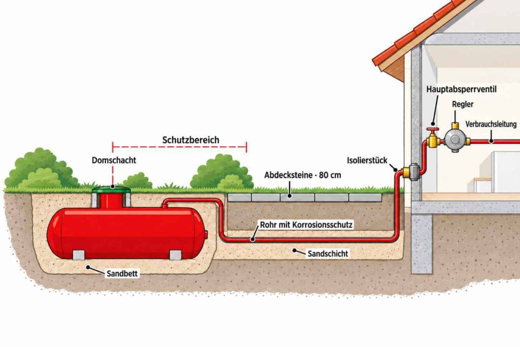 Schema einer unterirdischen Flüssiggas-Tankanlage: roter Tank im Sandbett unter der Erde mit sichtbarem Domschacht, Leitung im Sandbett zum Haus, dort Hauptabsperrventil und Regler